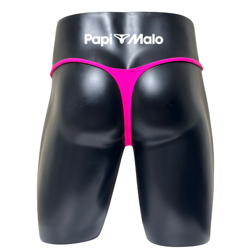 Back view of neon fuchsia men’s locker room thong by PapiMalo Gear