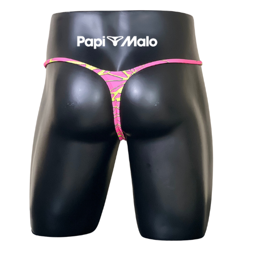 Back view of pink and neon green abstract print men’s locker room thong by PapiMalo Gear