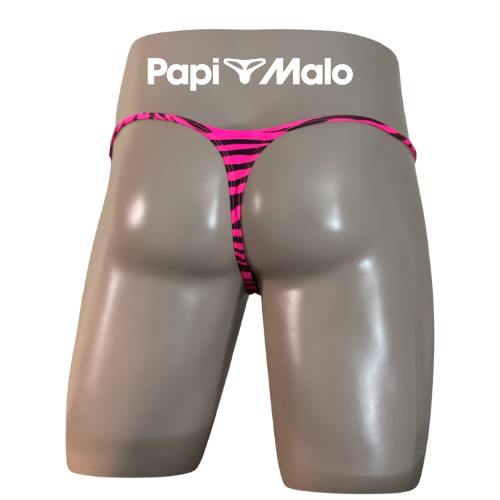 Back view of hot pink zebra print men’s locker room thong by PapiMalo Gear