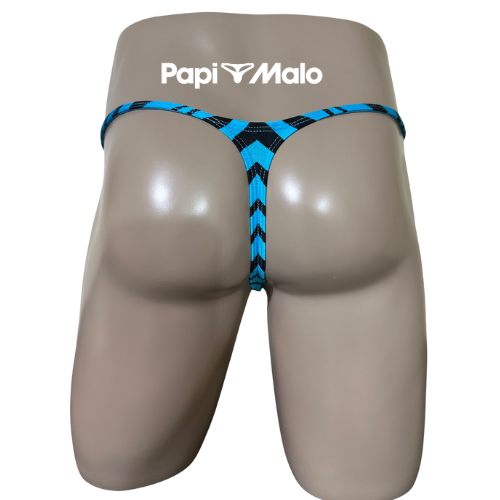 Back view of electric blue tiger print men’s muscle thong by PapiMalo Gear