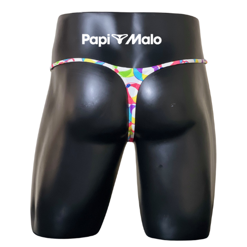 Back view of multicolor retro print men’s muscle thong by PapiMalo Gear