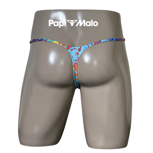 Back view of multicolor abstract paint-inspired men’s muscle thong by PapiMalo Gear
