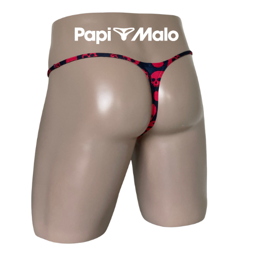 Back view of black and red skull print men’s muscle thong by PapiMalo Gear