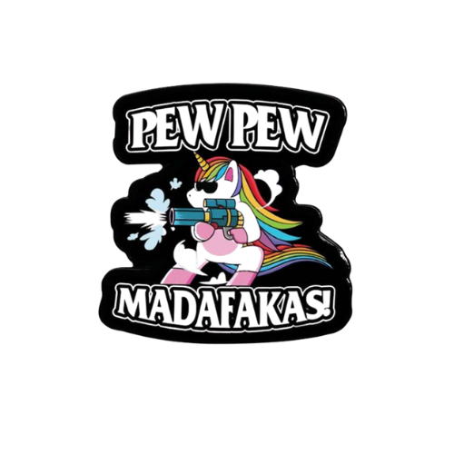 Funny rainbow unicorn enamel pin with chaotic parody artwork and Pew Pew Madafakas text