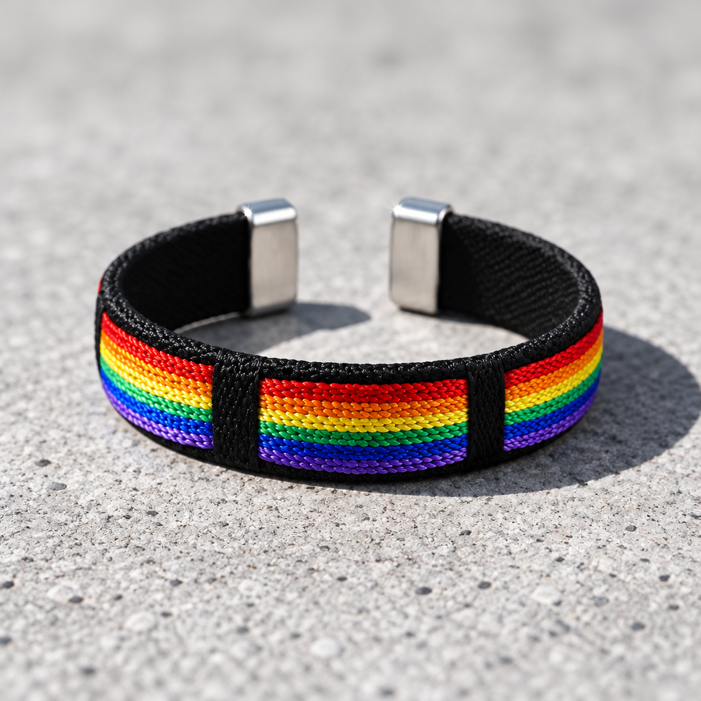 Rainbow pride woven cuff bracelet with colorful striped fabric design displayed on a cement surface