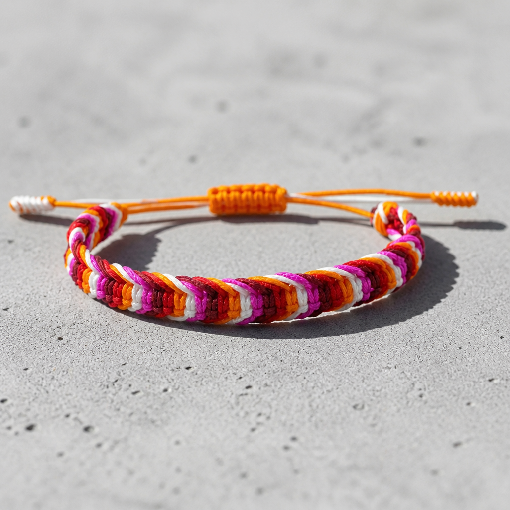 Lesbian Pride woven cord bracelet with adjustable sliding knot closure in pink white and orange pride colors on a cement surface