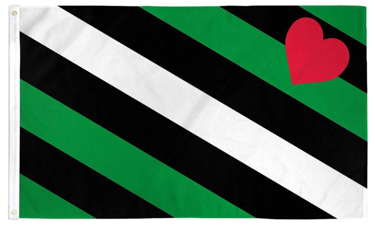 Leather Boy Pride outdoor flag with diagonal green black white stripes and red heart symbol