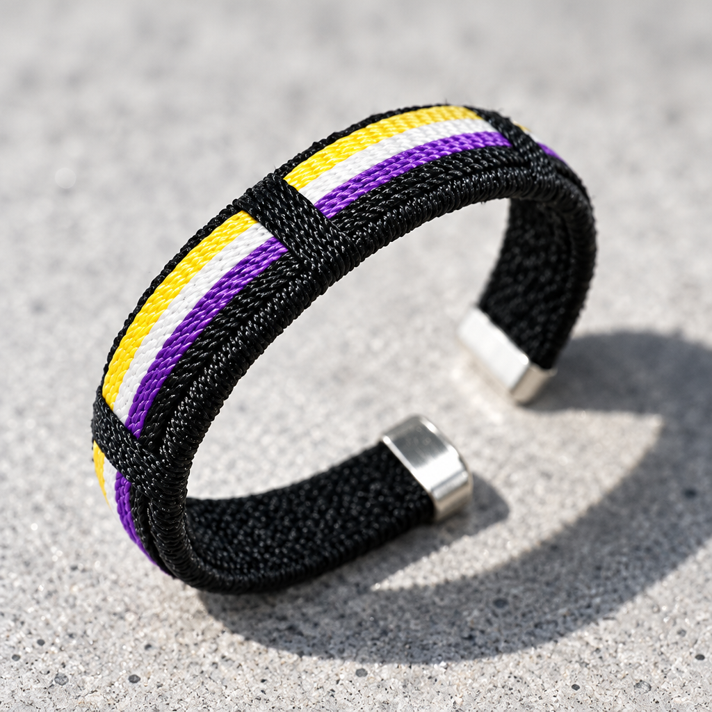 Nonbinary pride woven cuff bracelet with yellow white purple and black stripe design displayed on a cement surface