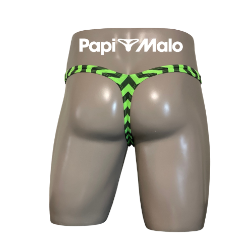 Back view of neon green zig-zag print men’s classic thong by PapiMalo Gear