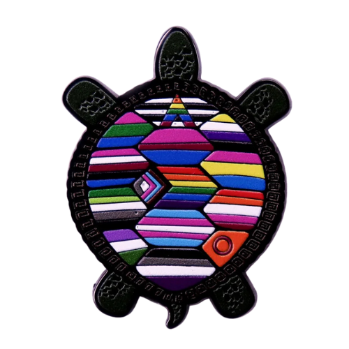 Unity Pride Turtle enamel pin featuring multiple LGBTQ pride flags in a colorful turtle shell design