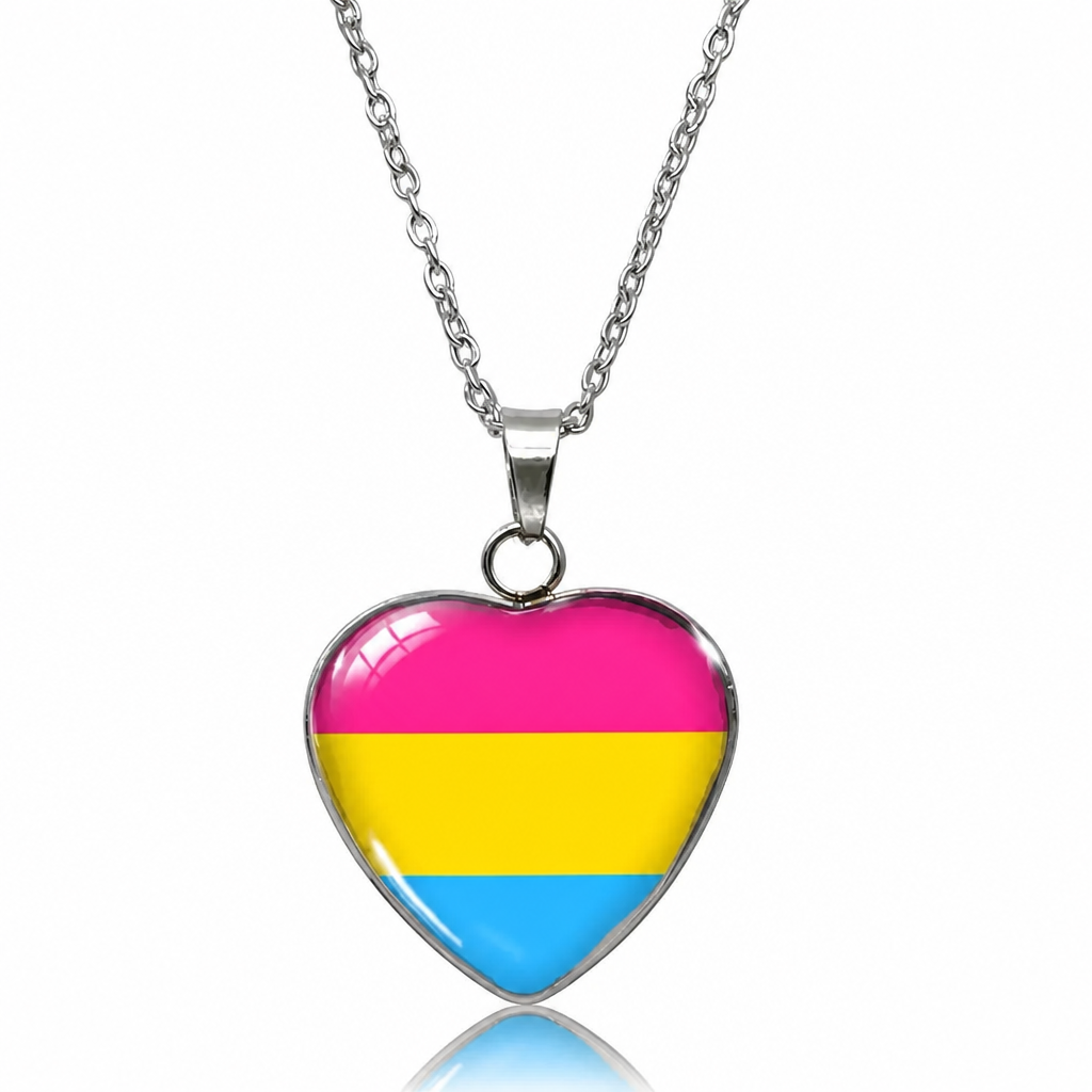 Pansexual Pride Heart Pendant Necklace with glossy heart pendant featuring the pansexual pride flag on a silver-tone chain