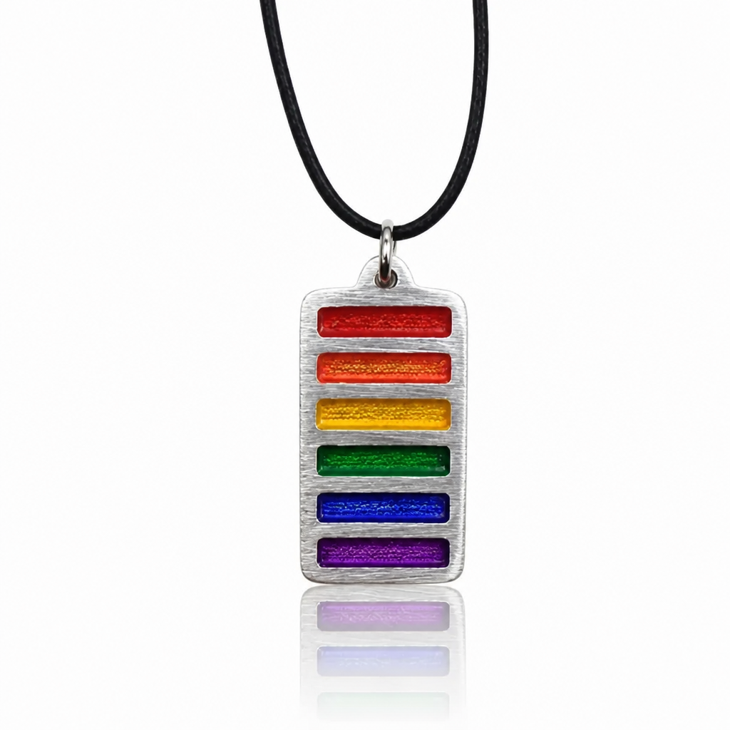 Handcrafted pewter pendant featuring the classic Rainbow Pride flag in a contemporary tag-style design on an adjustable black waxed cord