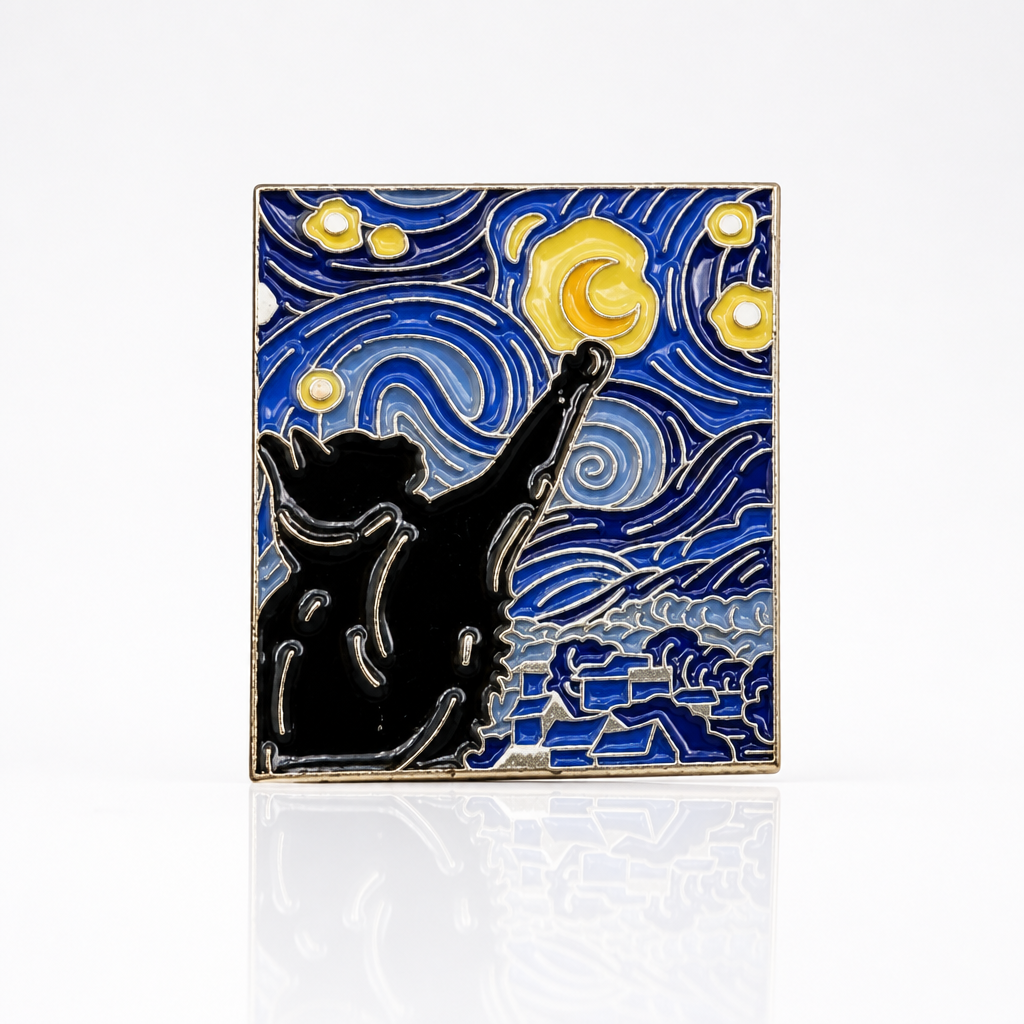 Van Gogh-inspired hard enamel pin featuring a black cat reaching toward the moon beneath a swirling blue night sky.