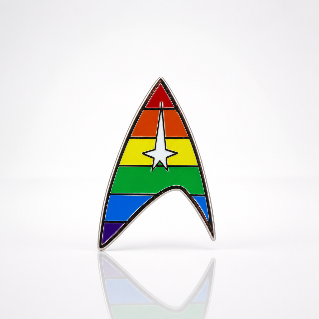 Rainbow space explorer inspired insignia enamel pin with LGBTQ Pride colors