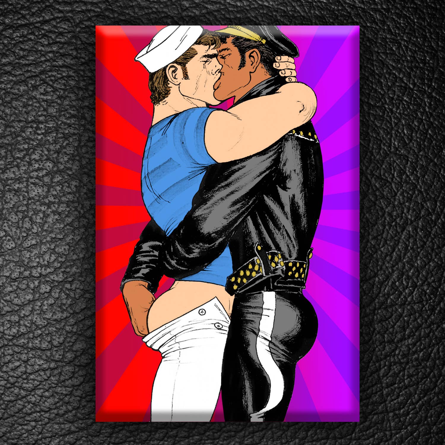 Official Tom of Finland "Kiss" hard magnet featuring two embracing characters in one of the artist's most iconic romantic illustrations.