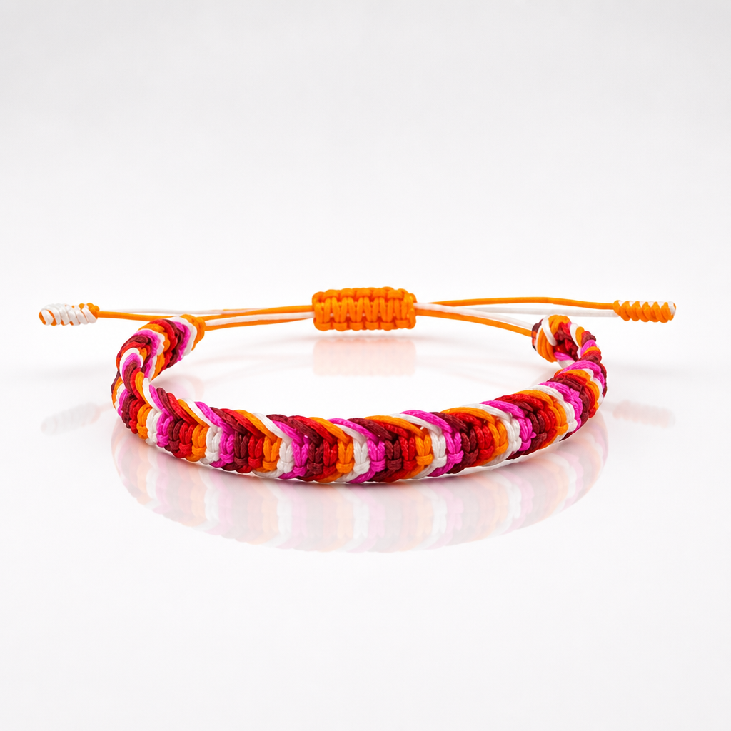 Lesbian Pride woven cord bracelet with adjustable sliding knot closure in pink white and orange pride colors