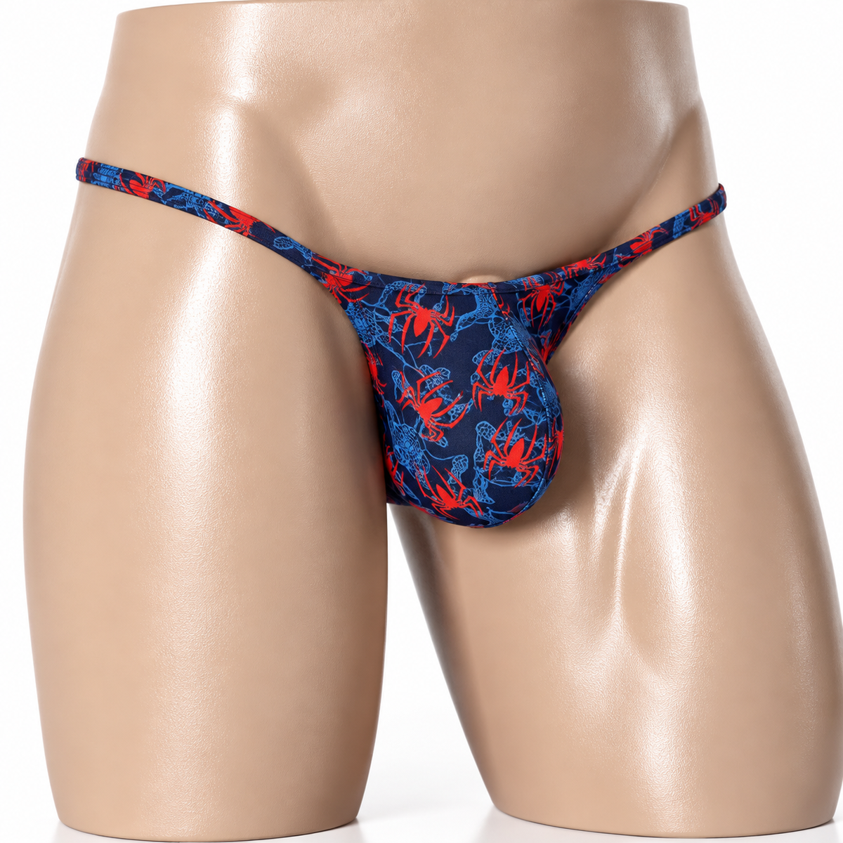 Front view of Scarlet Web Muscle Thong featuring red spiders and blue web detailing on navy, men's Muscle thong by PapiMalo Gear.