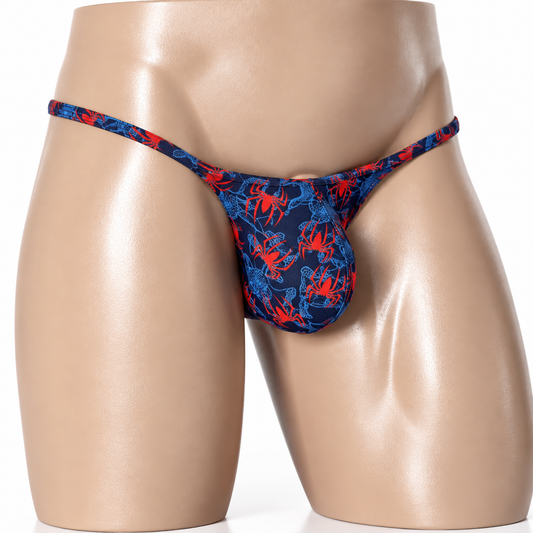 Front view of Scarlet Web Muscle Thong featuring red spiders and blue web detailing on navy, men's Muscle thong by PapiMalo Gear.