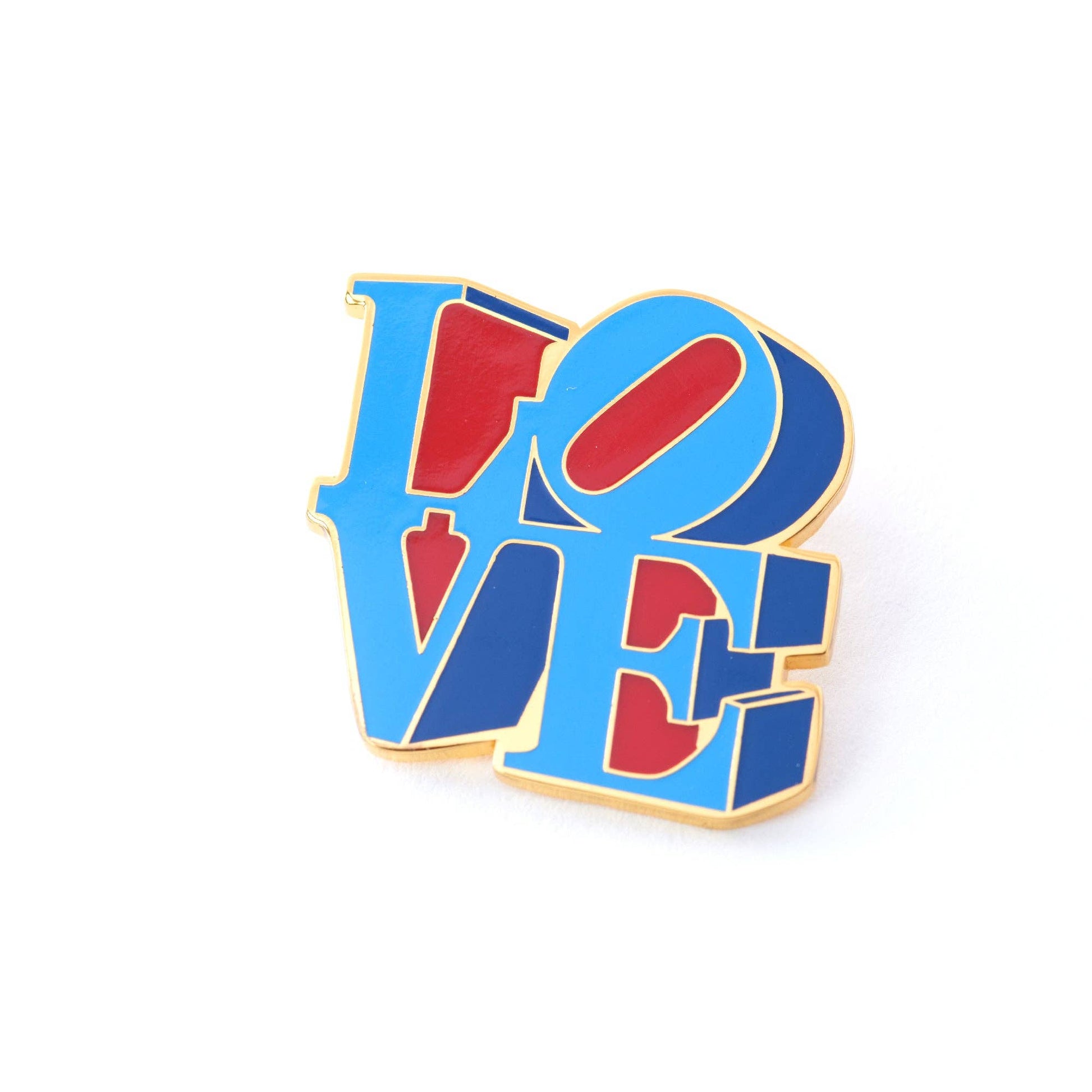 Officially licensed Robert Indiana LOVE enamel pin featuring the iconic red and blue LOVE artwork with polished gold plating.