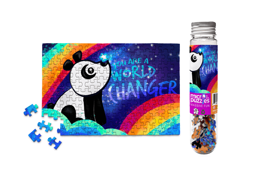 You Are a World Changer 150-piece Micro Puzzle featuring an inspirational panda beneath a rainbow with a message encouraging kindness.