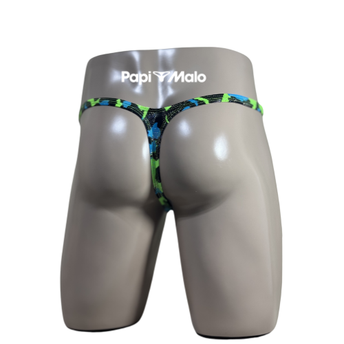 Back view of blue and green animal print men’s classic thong by PapiMalo Gear