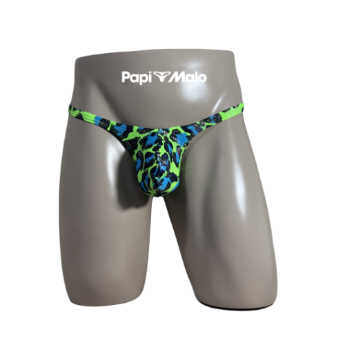 Front view of blue and green animal print men’s classic thong by PapiMalo Gear