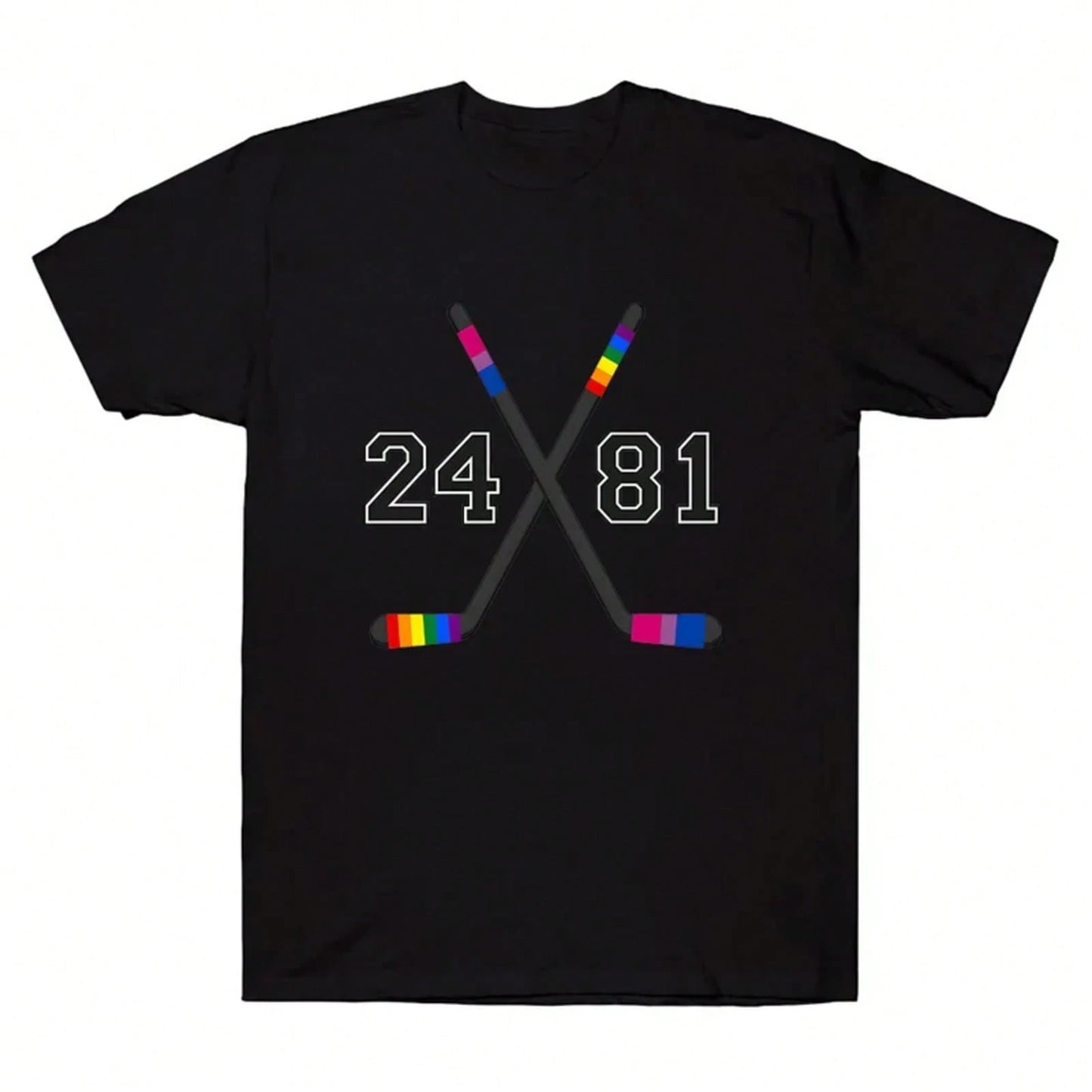 Black Heated Rivalry t-shirt featuring crossed hockey sticks with rainbow and bi pride colors and numbers 24 and 81