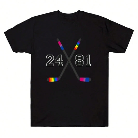 Black Heated Rivalry t-shirt featuring crossed hockey sticks with rainbow and bi pride colors and numbers 24 and 81