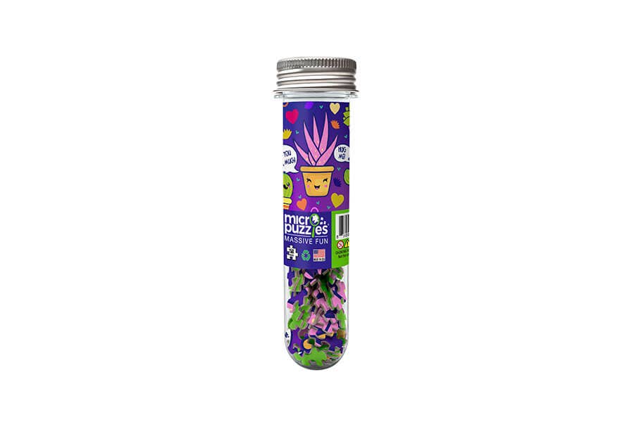 Aloe You Vera Much 150-piece Micro Puzzle featuring smiling succulents, cacti, and colorful plant-themed artwork.
