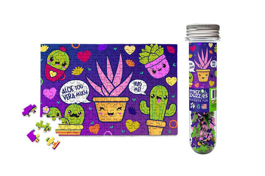 Aloe You Vera Much 150-piece Micro Puzzle featuring smiling succulents, cacti, and colorful plant-themed artwork.