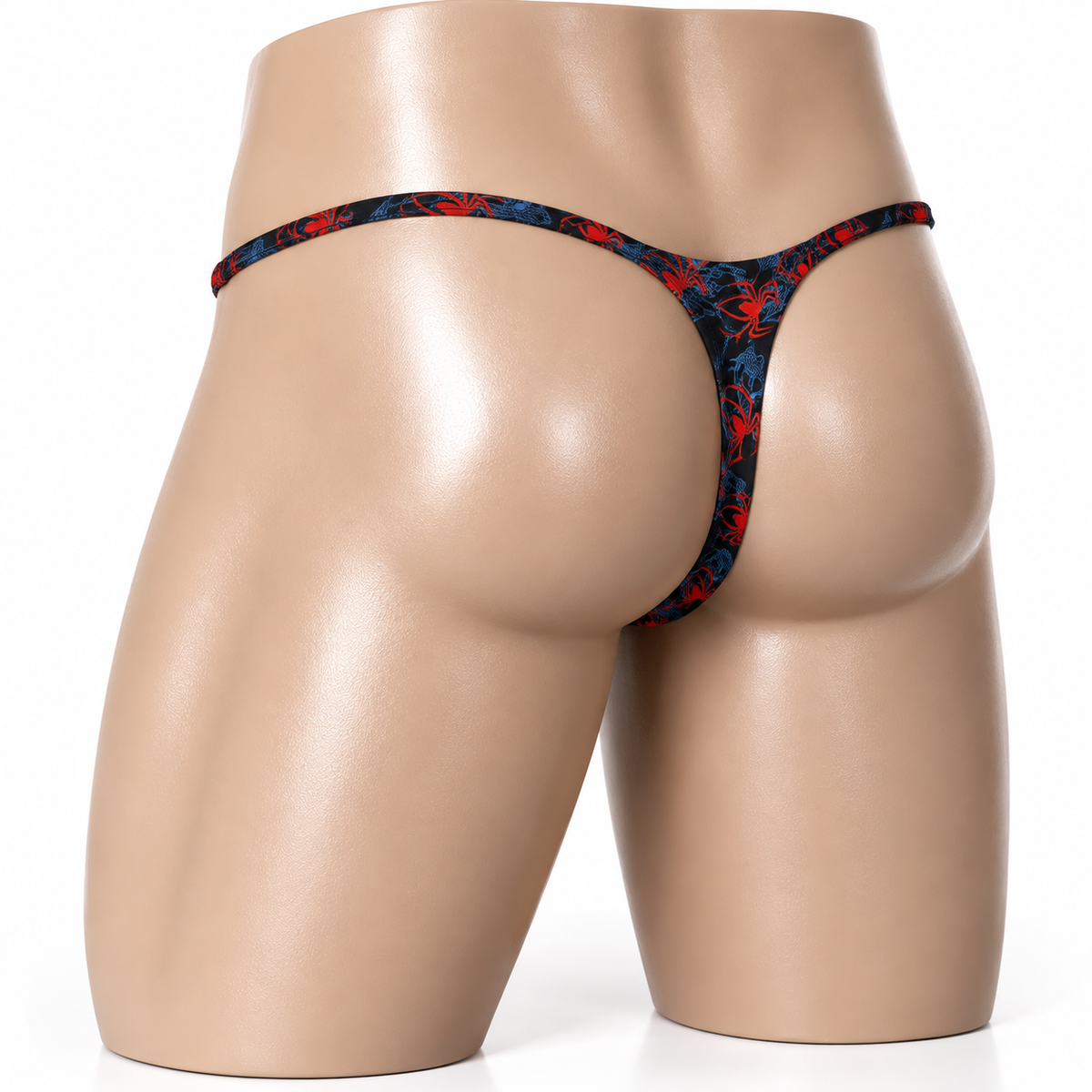 Back view of Scarlet Web Muscle Thong featuring navy fabric with red spiders and blue webs, men's Muscle thong by PapiMalo Gear.