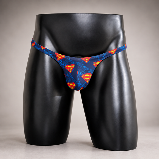 Front view of Secret Identity Classic Thong featuring Superman emblems on navy blue fabric, men's Classic thong by PapiMalo Gear.
