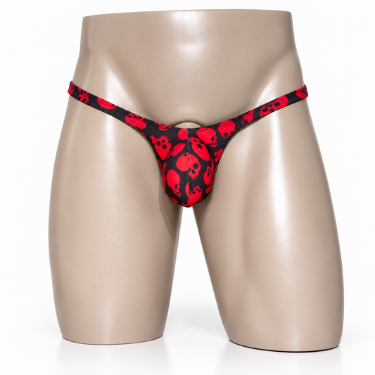 Front view of Midnight Skull Classic Thong featuring vivid red skull graphics on black fabric, men's Classic thong by PapiMalo Gear.