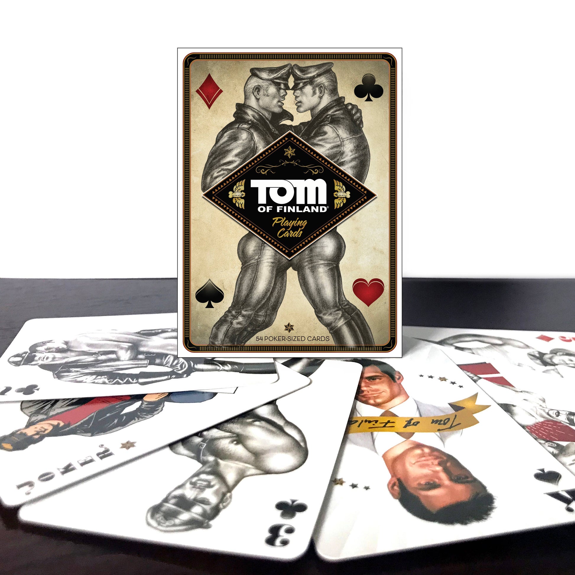 Official Tom of Finland collectible playing card deck featuring 54 illustrated poker cards with iconic LGBTQ+ artwork.