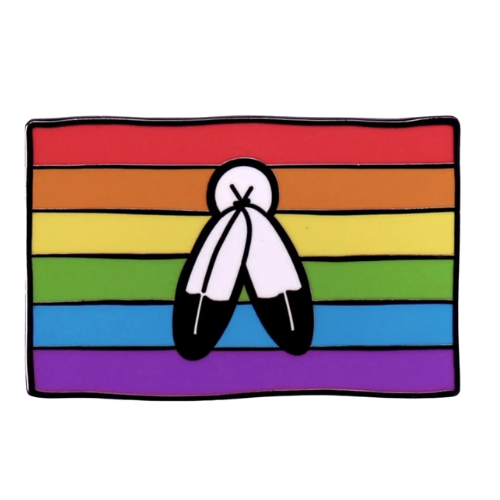 Two-Spirit Pride Flag enamel pin with rainbow stripes and symbolic feather design