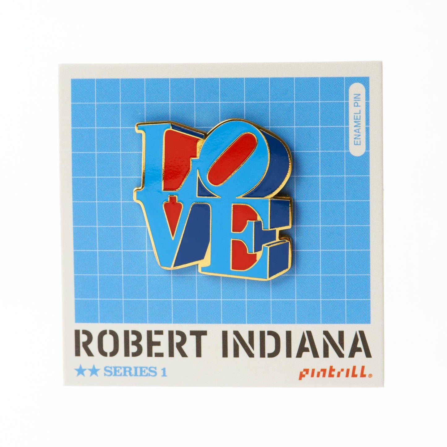 Officially licensed Robert Indiana LOVE enamel pin featuring the iconic red and blue LOVE artwork with polished gold plating on a blue grid backing card