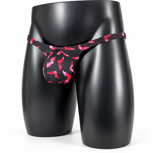 Front view of Crimson Wings Duo Classic Thong featuring pink and red bats on black, men's Classic thong by PapiMalo Gear.
