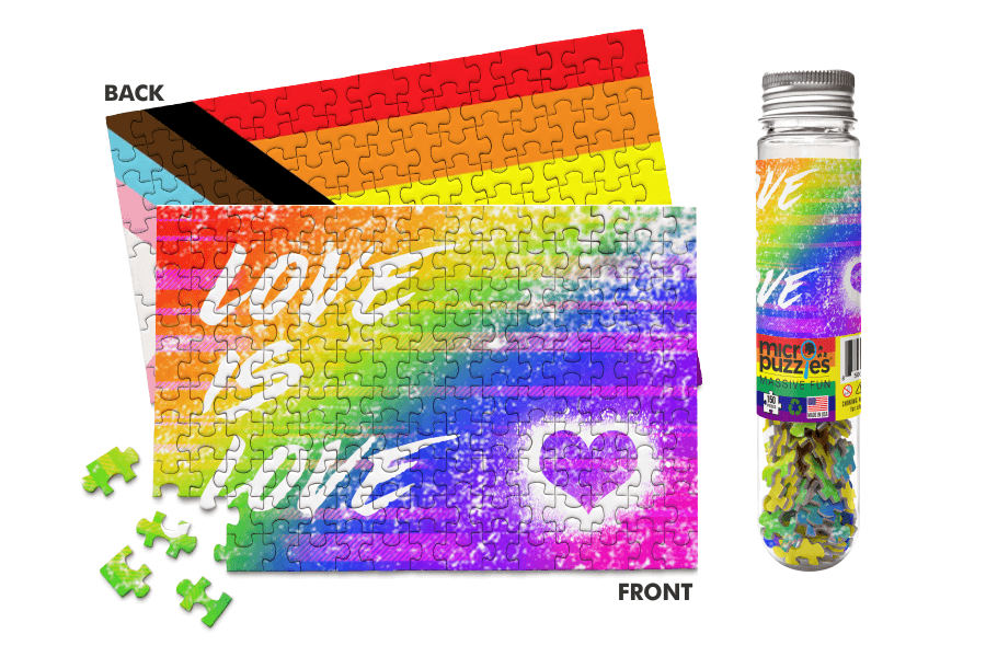 Double-sided Pride Micro Puzzle featuring a colorful "Love Is Love" rainbow design on one side and the Progress Pride Flag on the reverse.