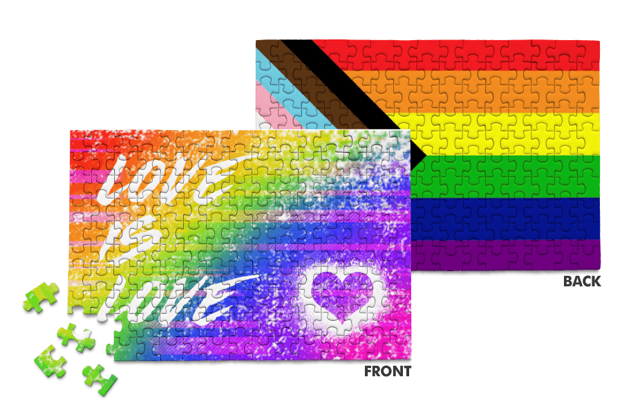 Double-sided Pride Micro Puzzle featuring a colorful "Love Is Love" rainbow design on one side and the Progress Pride Flag on the reverse.