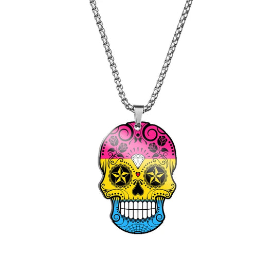 Pansexual pride sugar skull necklace with pink yellow and blue decorative skull pendant on stainless steel chain