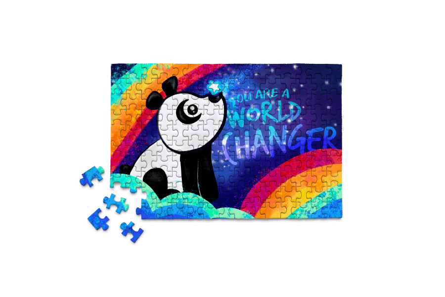 You Are a World Changer 150-piece Micro Puzzle featuring an inspirational panda beneath a rainbow with a message encouraging kindness.