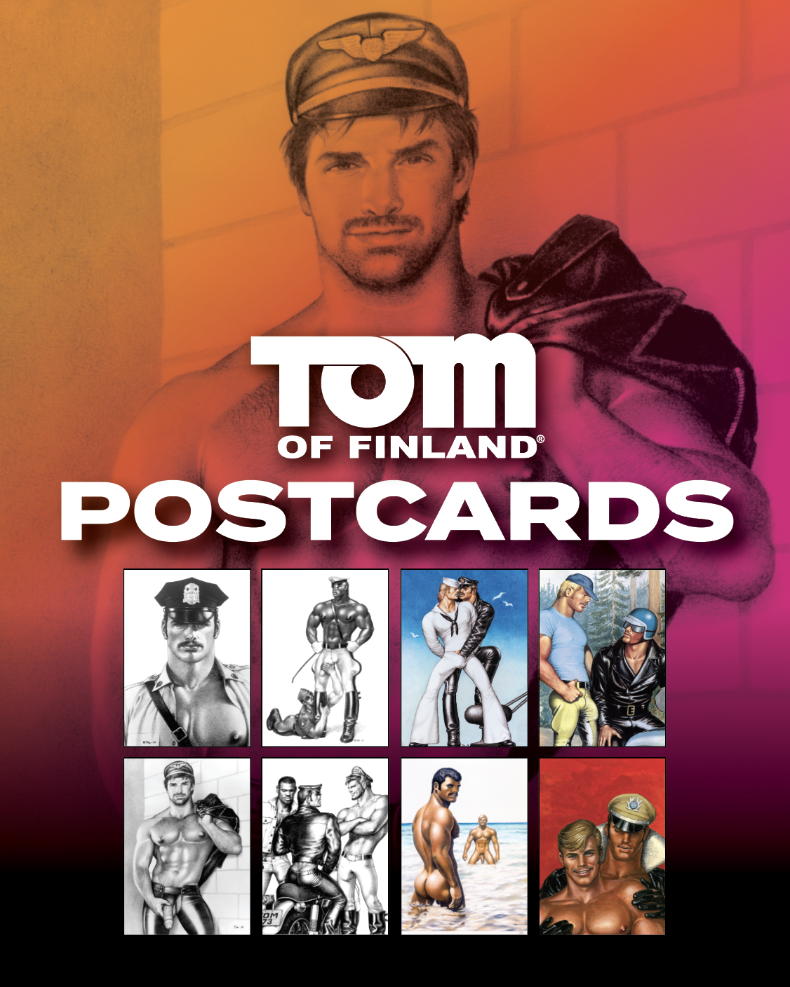 Official Tom of Finland postcard collection featuring eight museum-quality reproductions of the artist's iconic LGBTQ+ illustrations.
