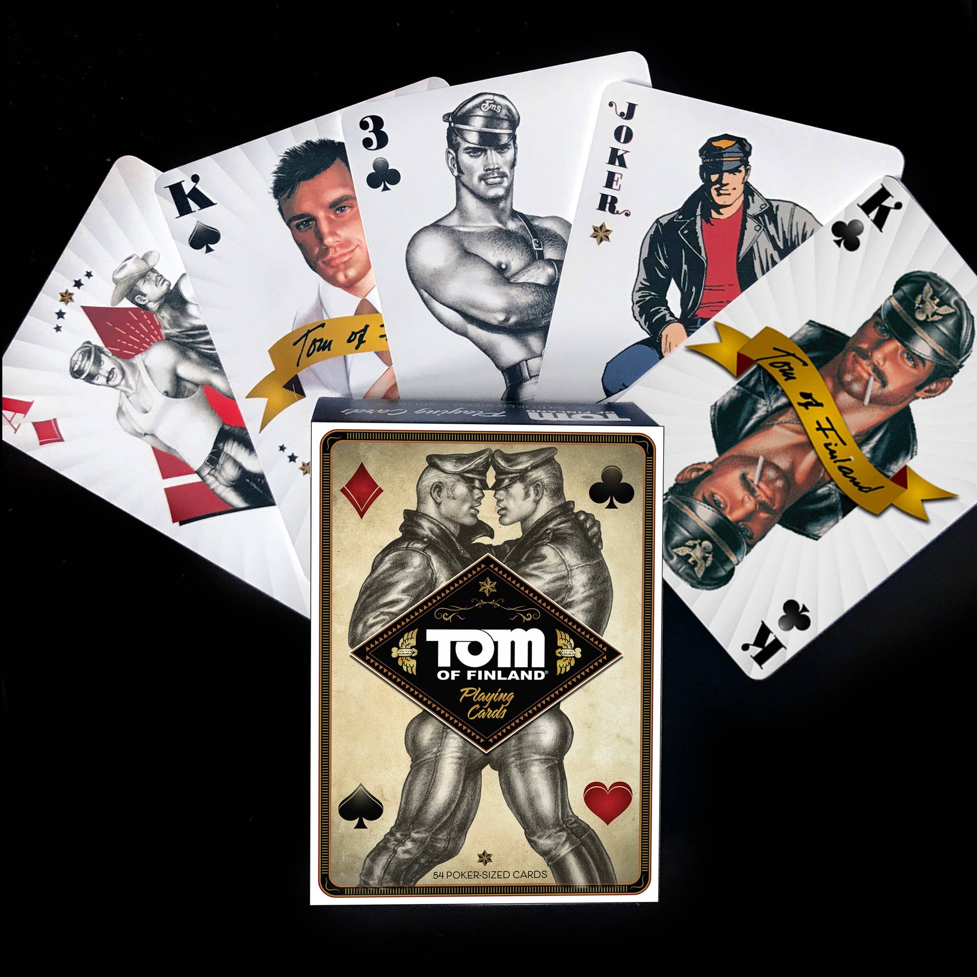 Official Tom of Finland collectible playing card deck featuring 54 illustrated poker cards with iconic LGBTQ+ artwork.