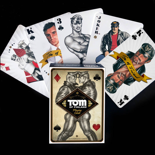Official Tom of Finland collectible playing card deck featuring 54 illustrated poker cards with iconic LGBTQ+ artwork.