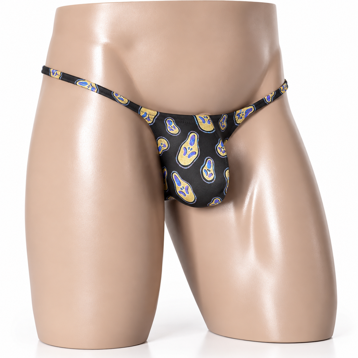 Front view of Ghostly Mischief Muscle Thong featuring gold and blue ghost faces on black, men's Muscle thong by PapiMalo Gear.