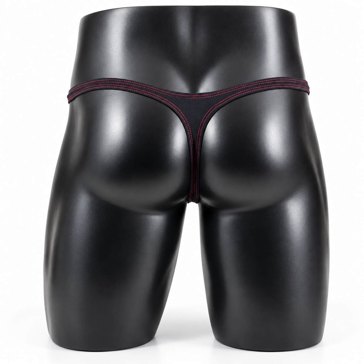 Back view of Crimson Wings Duo Classic Thong featuring solid black fabric and red stitching, men's Classic thong by PapiMalo Gear.
