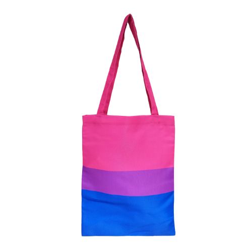 Bisexual Pride tote bag with pink purple and blue flag stripes
