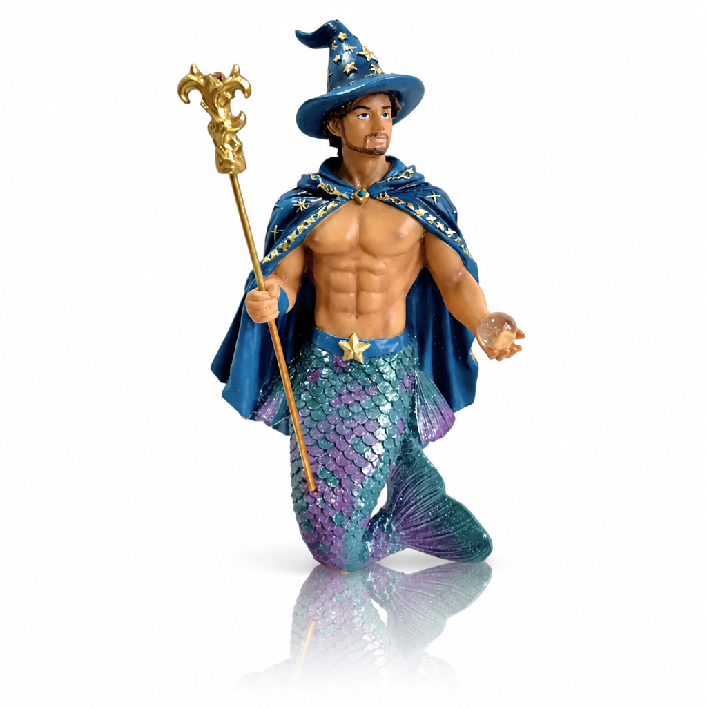 Fantasy Wizard Merman collectible ornament featuring a blue wizard hat, magical staff, crystal sphere, and shimmering blue and purple tail.