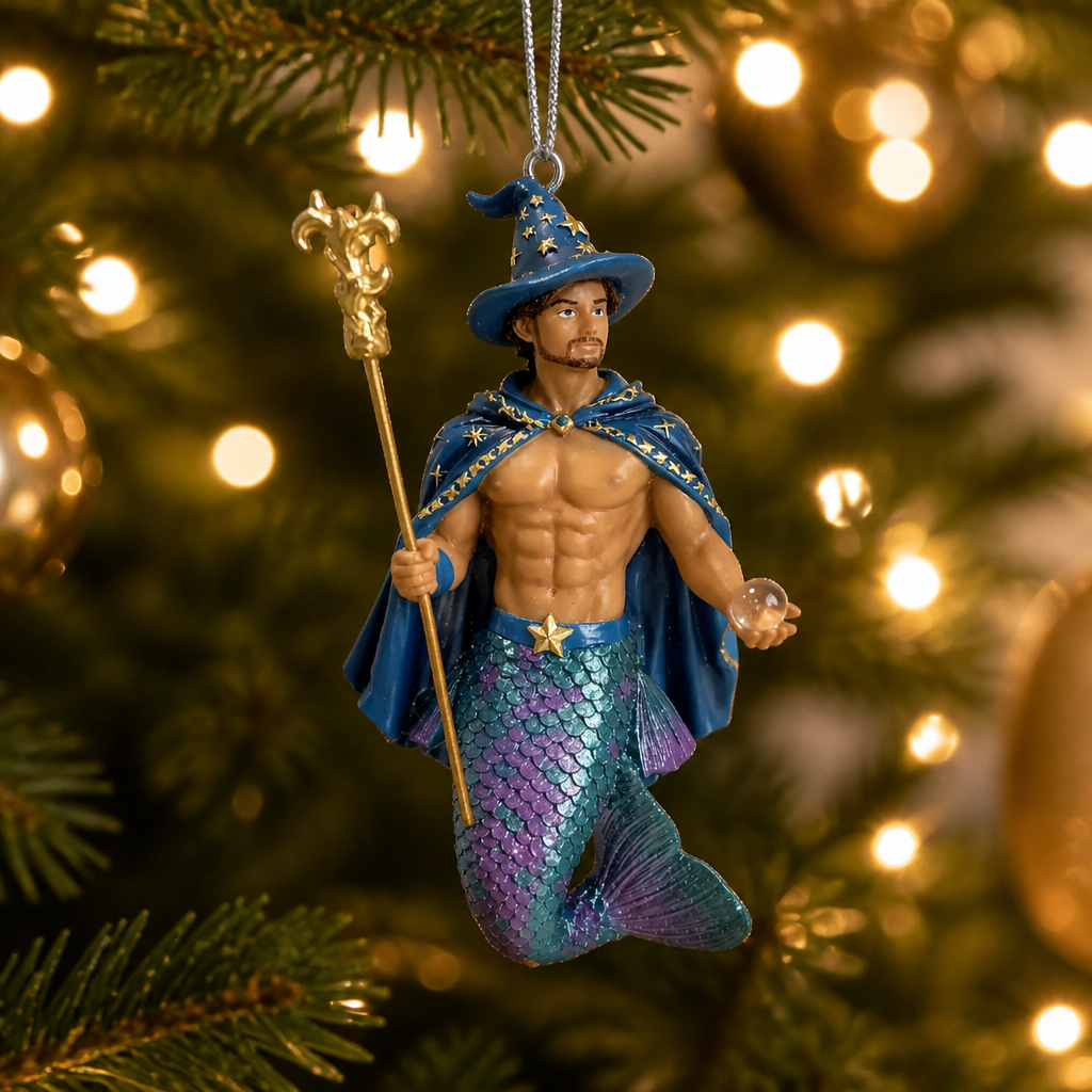 Fantasy Wizard Merman collectible ornament featuring a blue wizard hat, magical staff, crystal sphere, and shimmering blue and purple tail.