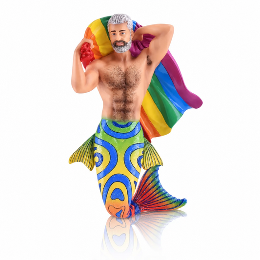 Pride Merman collectible ornament featuring a colorful rainbow tail and flowing rainbow Pride flag.